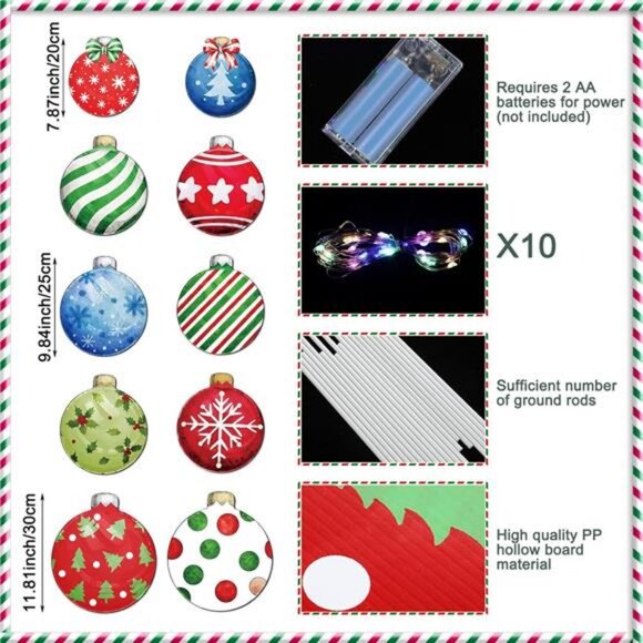 10 Pcs Christmas Outdoor Yard Signs Christmas Balls Decor with 10 Light Strings - Picture 2 of 7